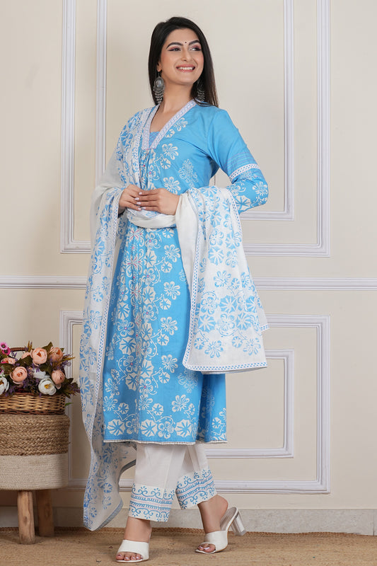 Sky Blue Floral Printed Kurta Set with Cotton Dupatta