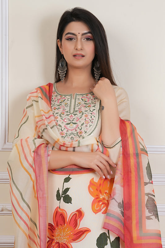 Ivory Floral Printed Kurta Set with Yoke & Dupatta