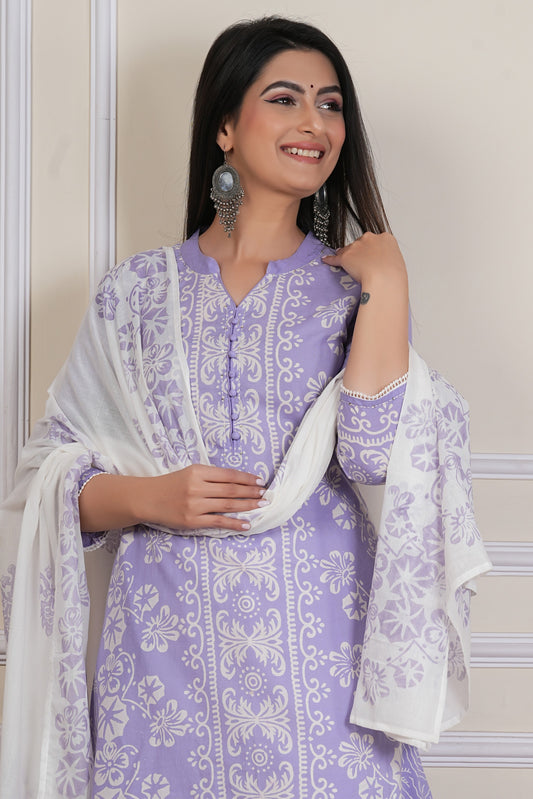 Lavender Handblock Printed Kurta Set with Cotton Dupatta