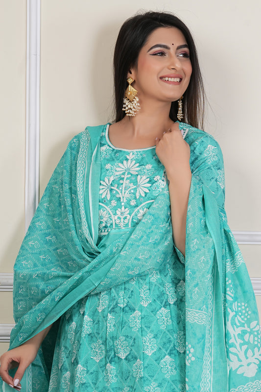 Teal Green Printed Kurta Set with Dupatta – 3 Piece