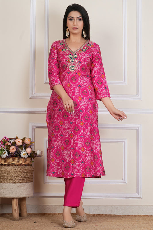 Pink Printed Kurta Set with Neckline , Chiffon Dupatta & Matching pant - 3 piece