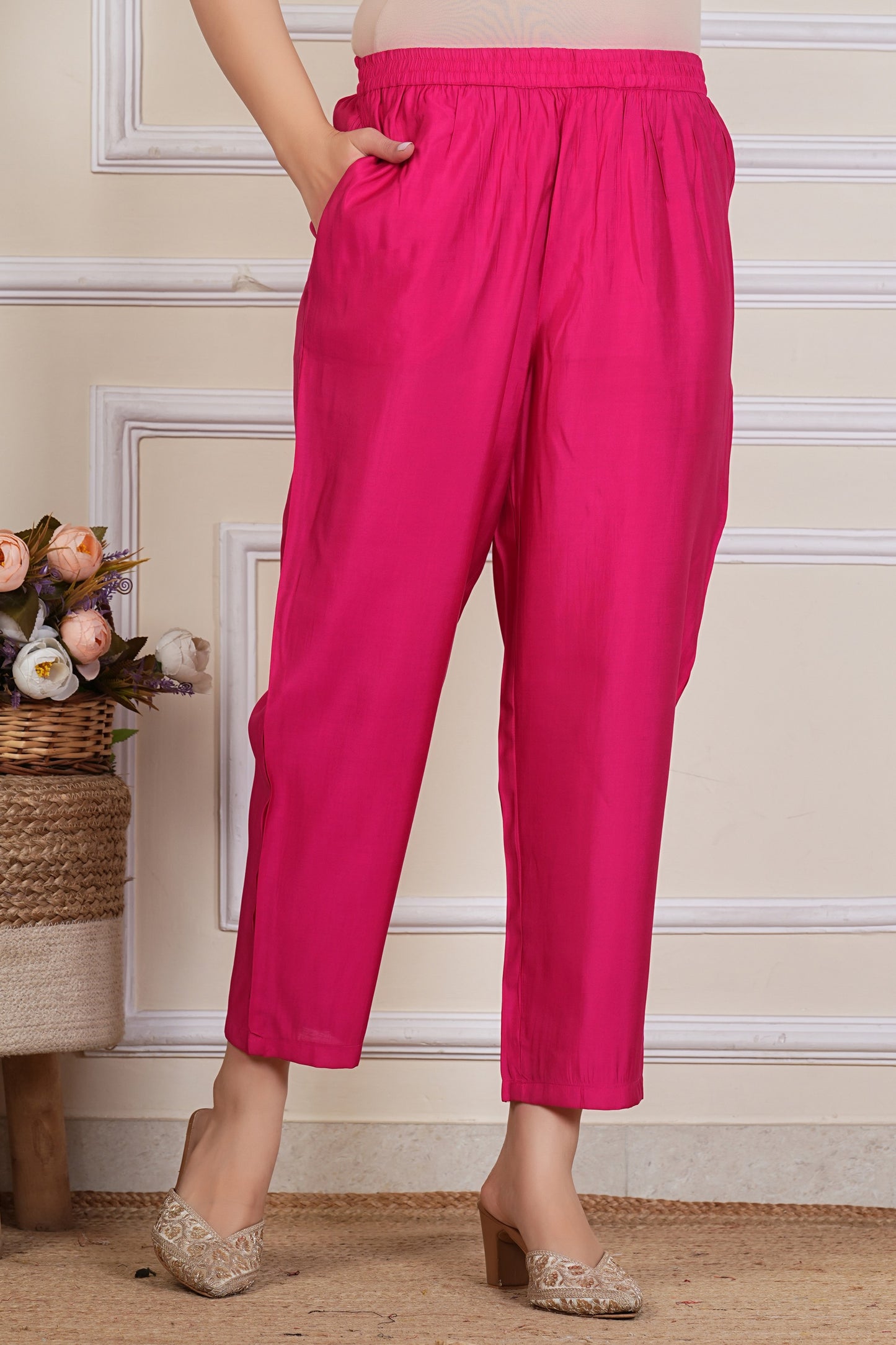 Pink Printed Kurta Set with Neckline , Chiffon Dupatta & Matching pant - 3 piece