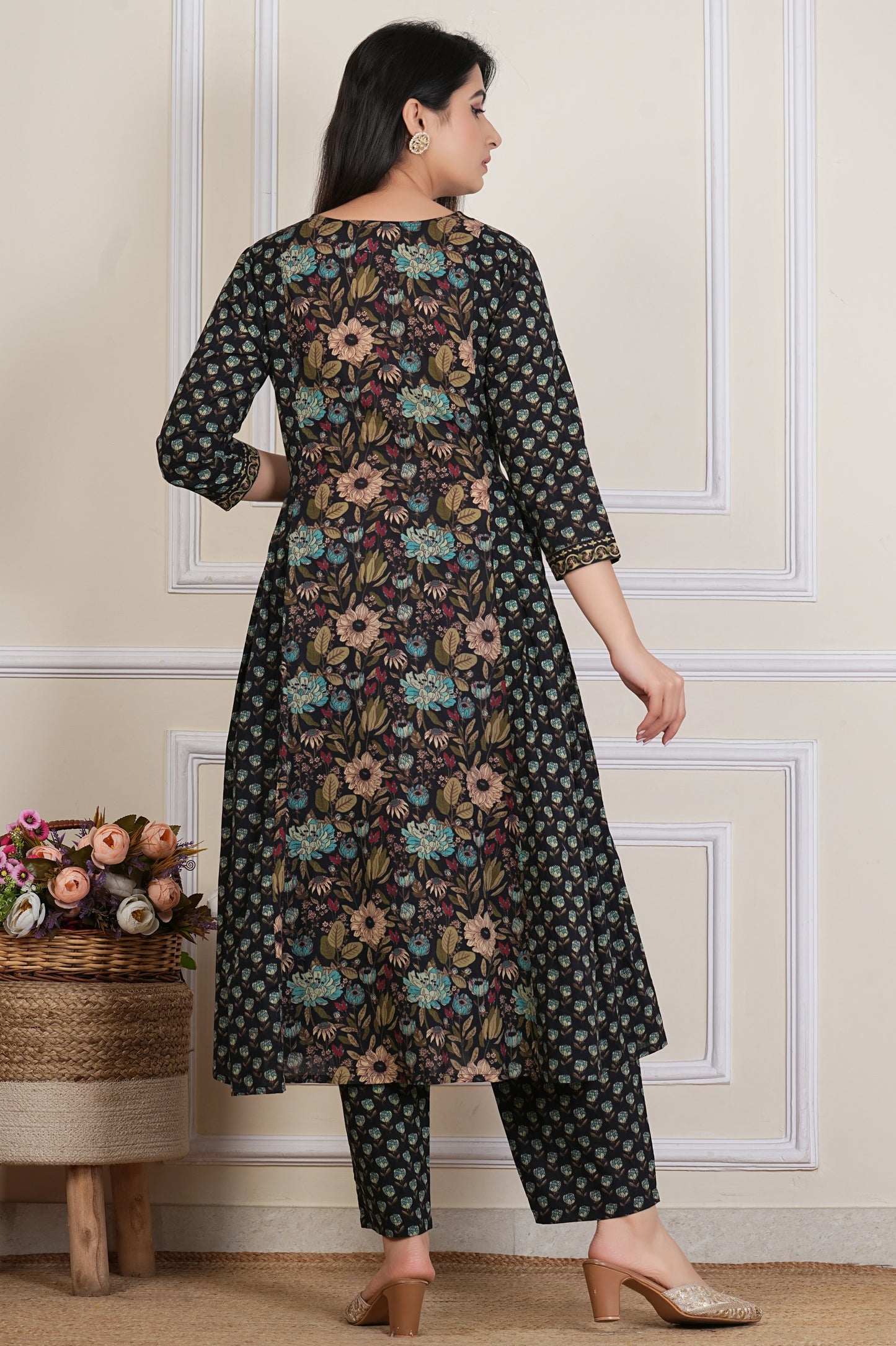 Tavajju Black Floral Printed Cotton Three-Piece Set | Kurta, Pant & Dupatta