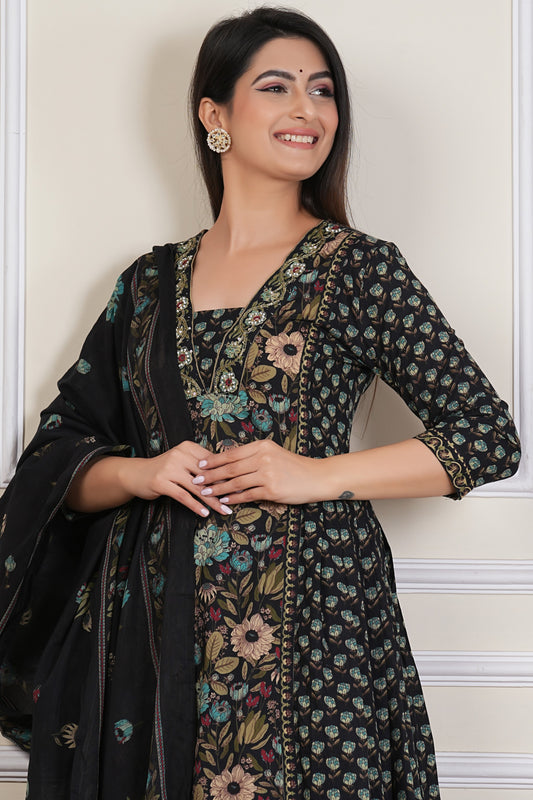 Tavajju Black Floral Printed Cotton Three-Piece Set | Kurta, Pant & Dupatta