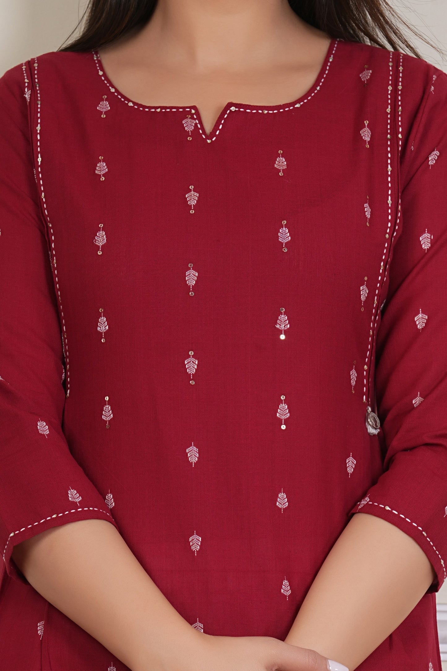 Tavajju Maroon Printed Cotton Kurta Pant Set