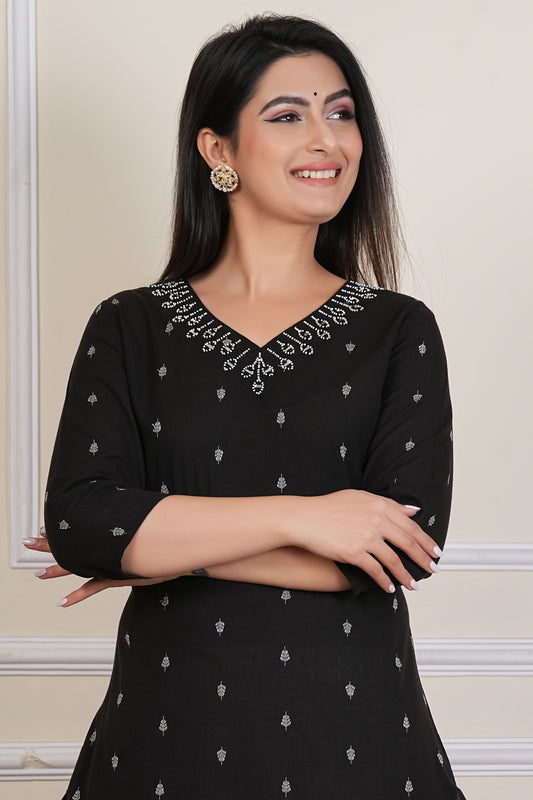 Tavajju Black Printed Cotton Kurta Pant Set for Women | Minimal Ethnic Wear