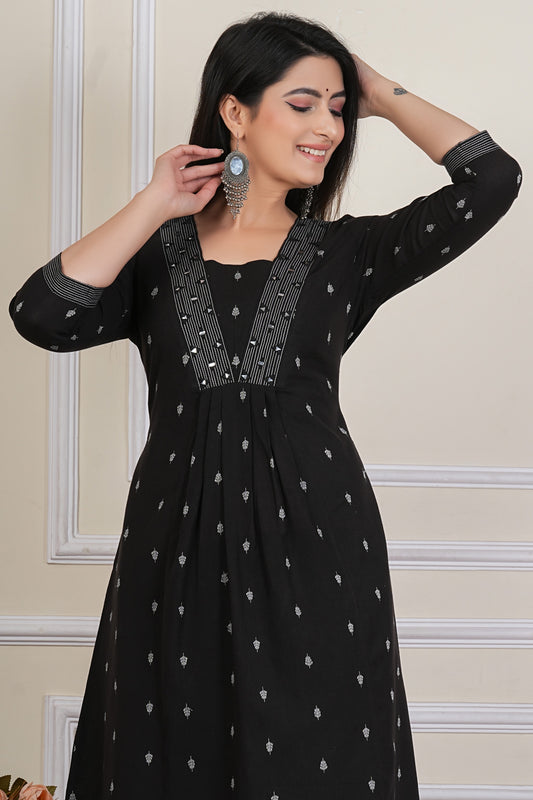 Tavajju Black Yarn-Dyed Cotton Kurta Pant Set