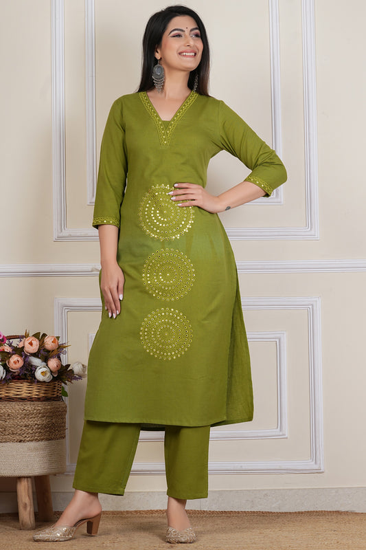Tavajju Olive Green Cotton Kurta Pant Set