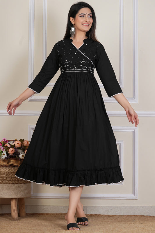 Tavajju Black Embroidered Anarkali Kurta | Elegant Cotton Ethnic Wear for Women