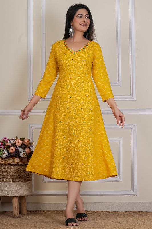 Tavajju Mustard Yellow Printed Flared Kurta | Cotton Ethnic Dress for Women