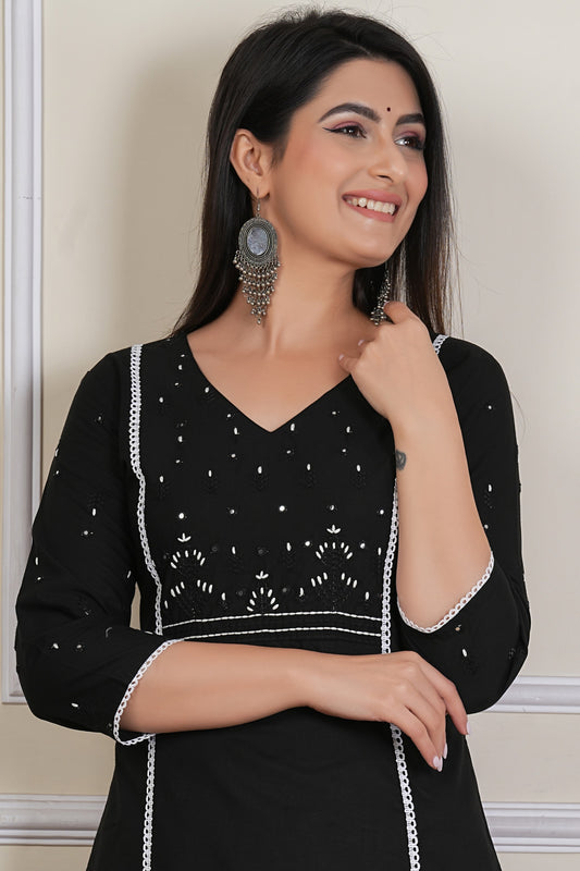 Tavajju Black Cotton Embroidered Kurta Pant Set