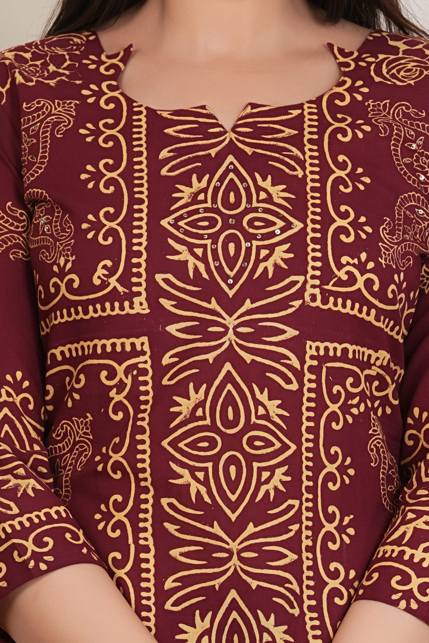 Tavajju | Maroon Printed Cotton Kurta Set with Ethnic Motifs & Straight Pants