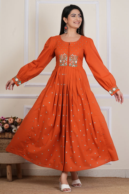 Tavajju | Rust Orange Embroidere Anarkali Kurta for Women