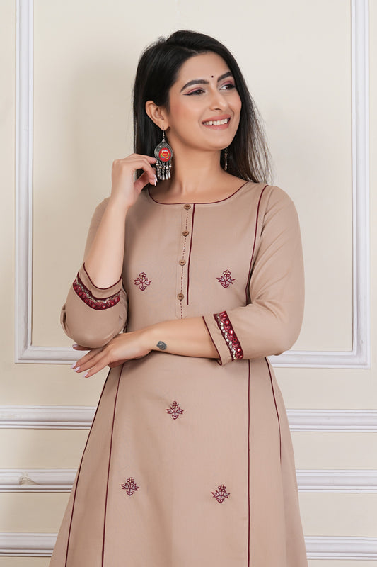 Tavajju | Beige Cotton A-Line Kurta with Minimal Embroidery & Contrast Piping