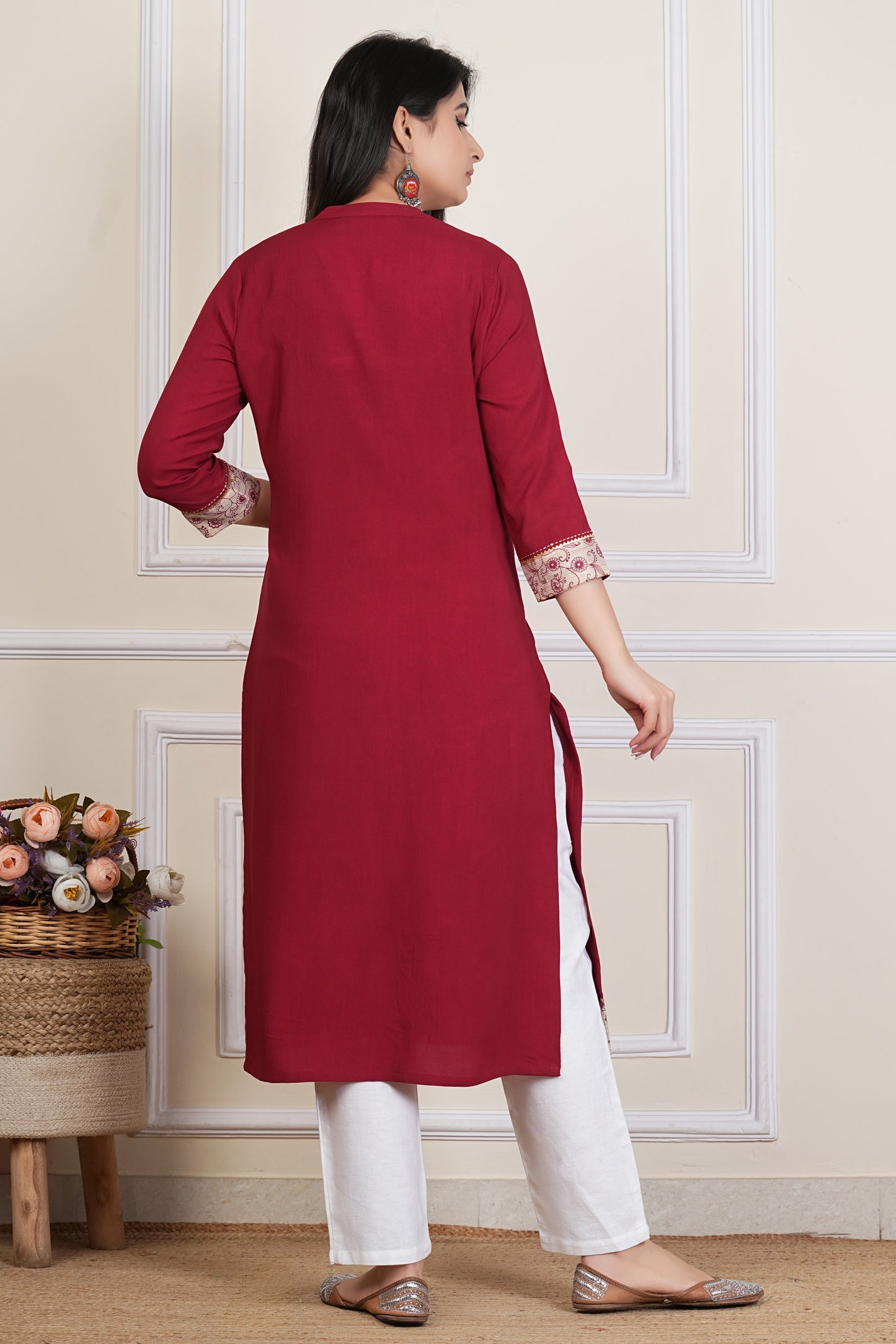 Maroon Straight Kurta with Printed Yoke – Women’s Cotton Ethnic Kurti
