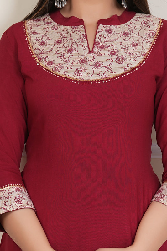 Maroon Straight Kurta with Printed Yoke – Women’s Cotton Ethnic Kurti