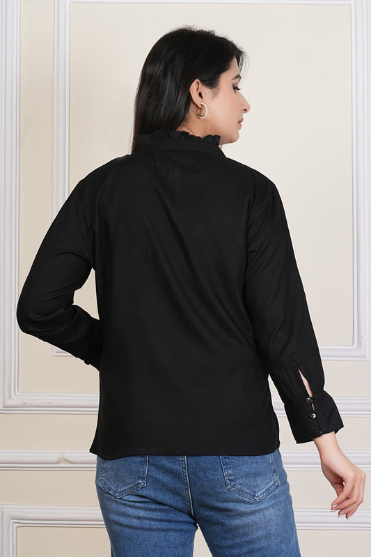 Black Rayon Embroidere Top with Mandarin Neck – Women’s Casual Ethnic Wear