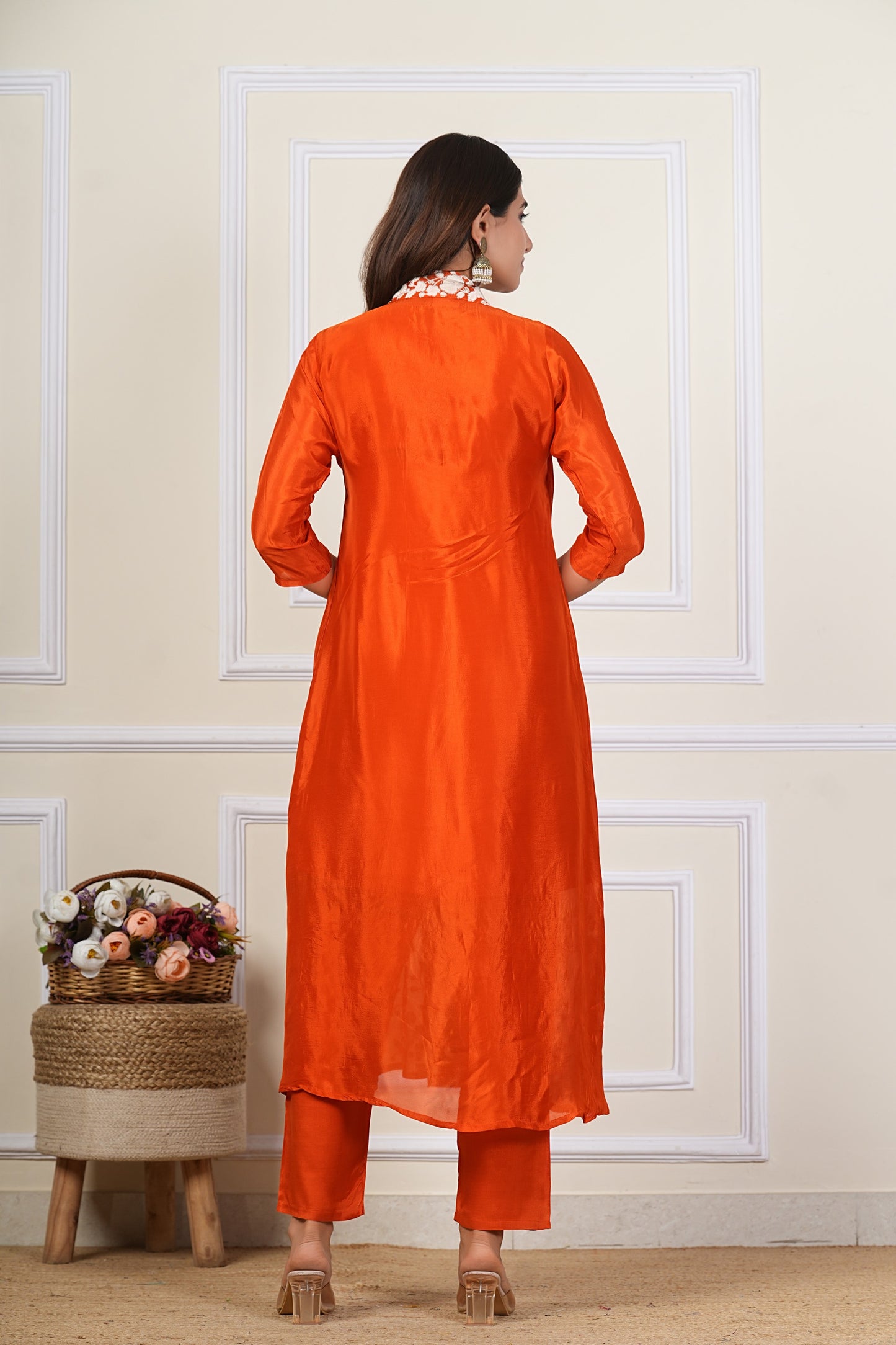 Red Floral Embroidered Silk Kurta Pant Set for Women