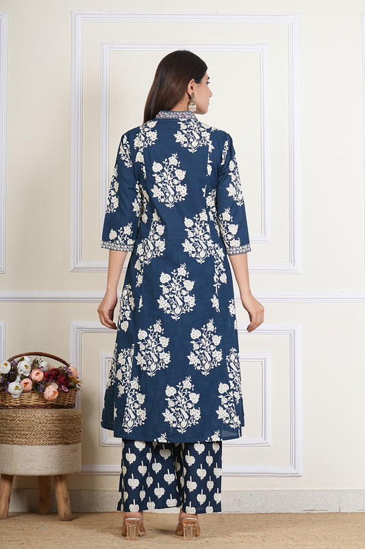 Navy Blue Floral Printed Cotton Kurta Set with Dupatta