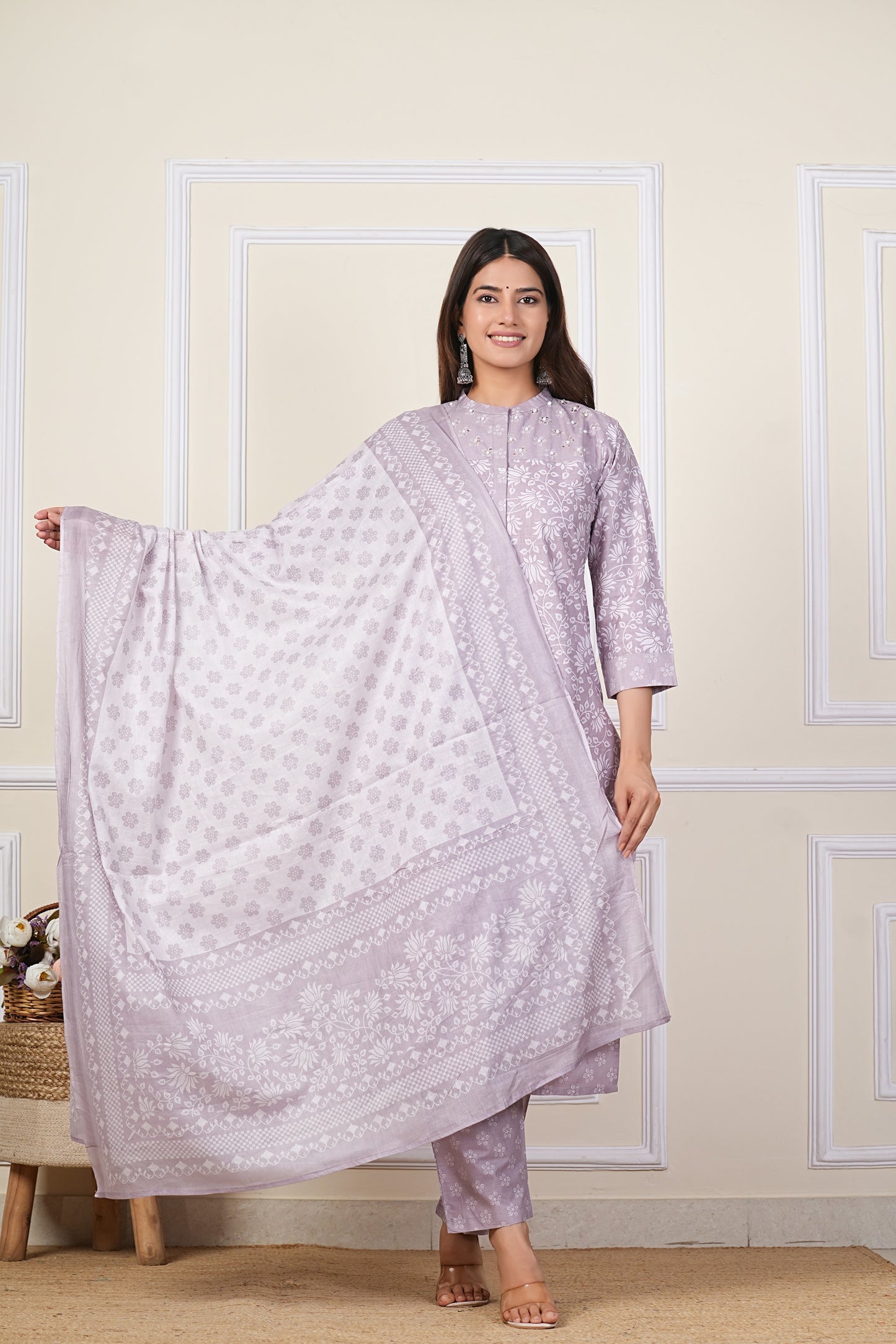 Lavender Floral Printed Cotton Kurta Set with Chiffon Dupatta