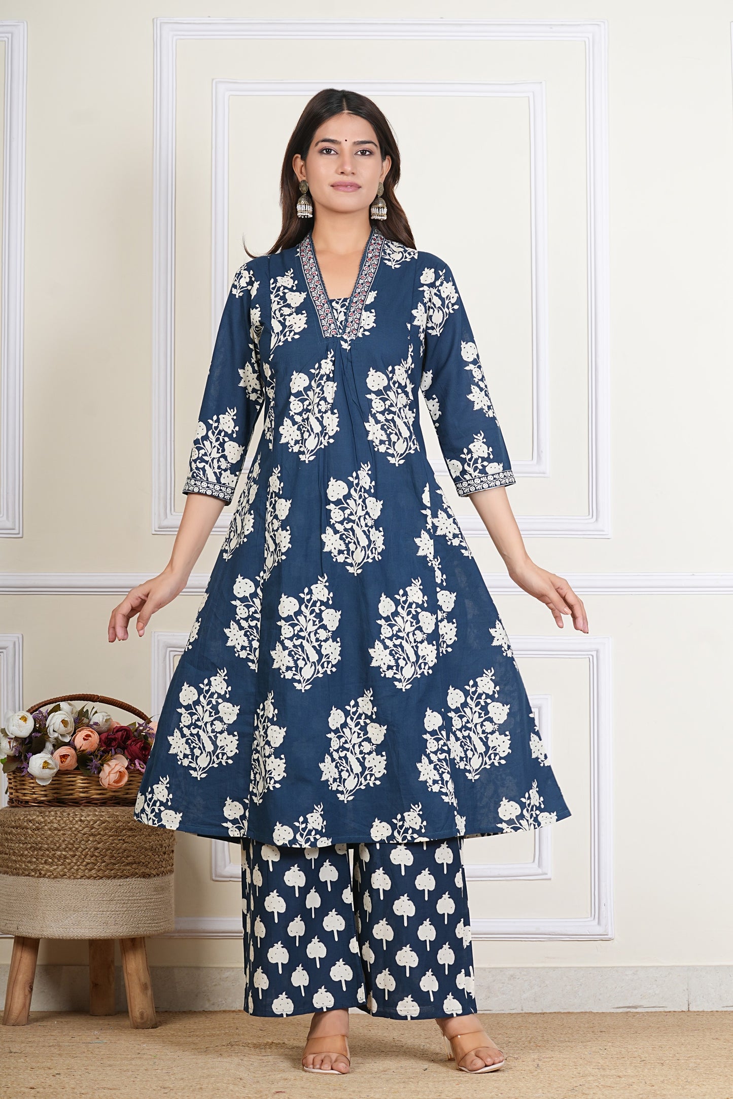 Navy Blue Floral Printed Cotton Kurta Set with Dupatta