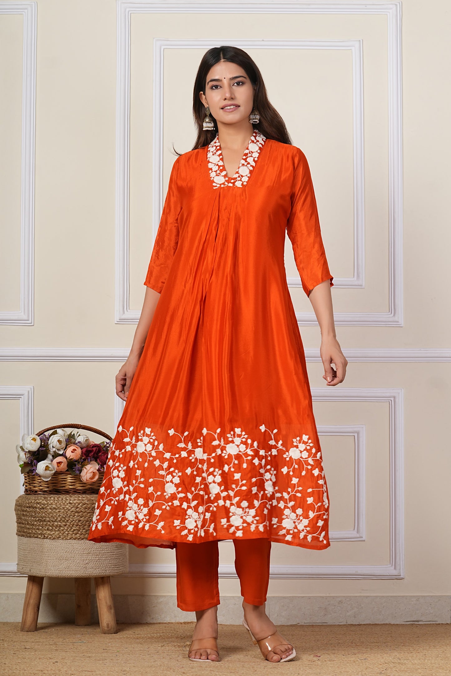 Red Floral Embroidered Silk Kurta Pant Set for Women