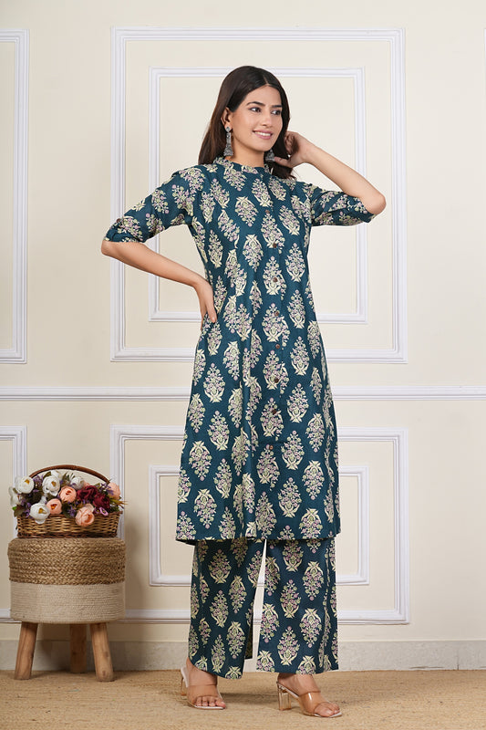 Printed Kurta Palazzo Set – Teal