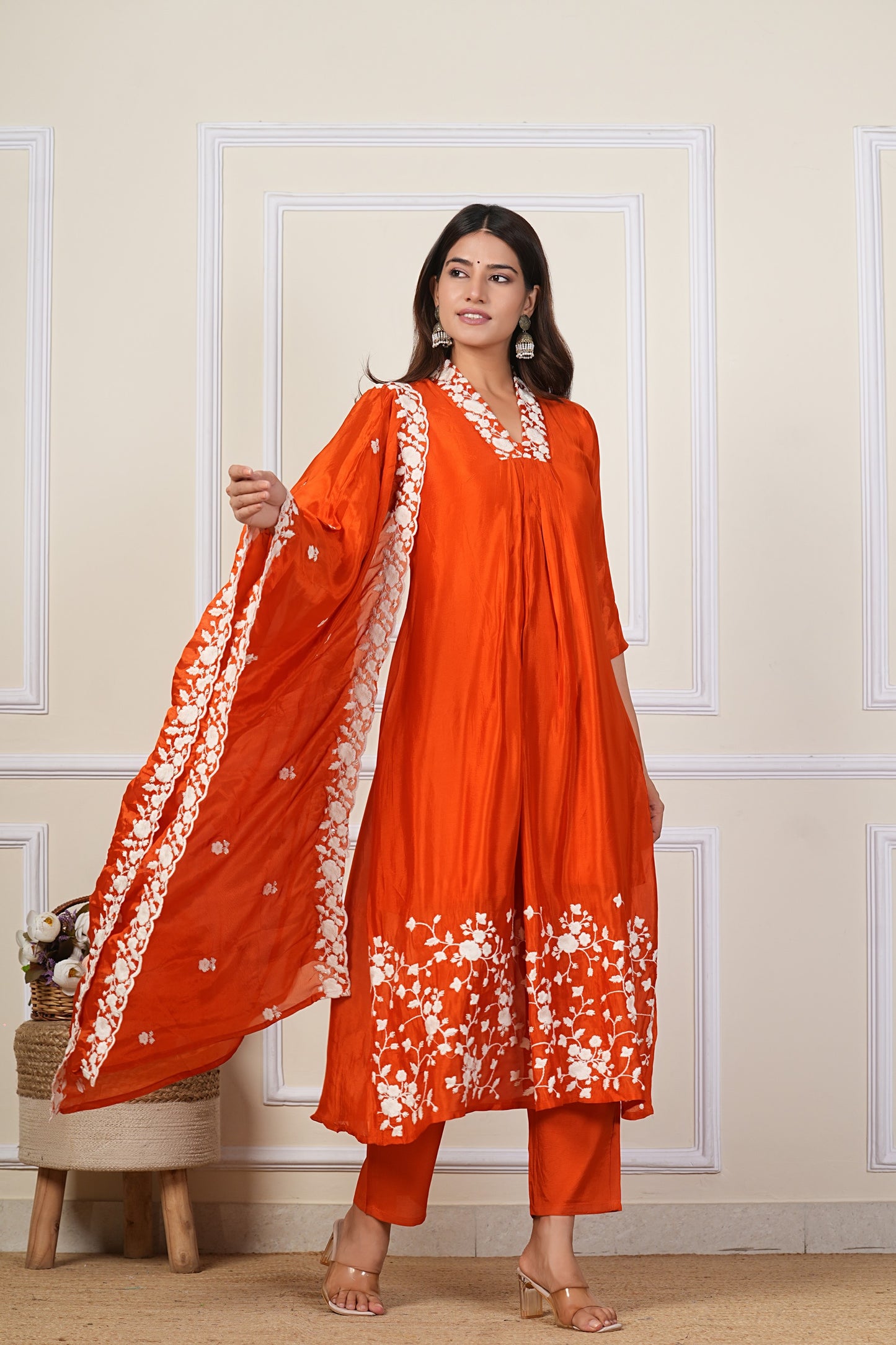 Red Floral Embroidered Silk Kurta Pant Set for Women