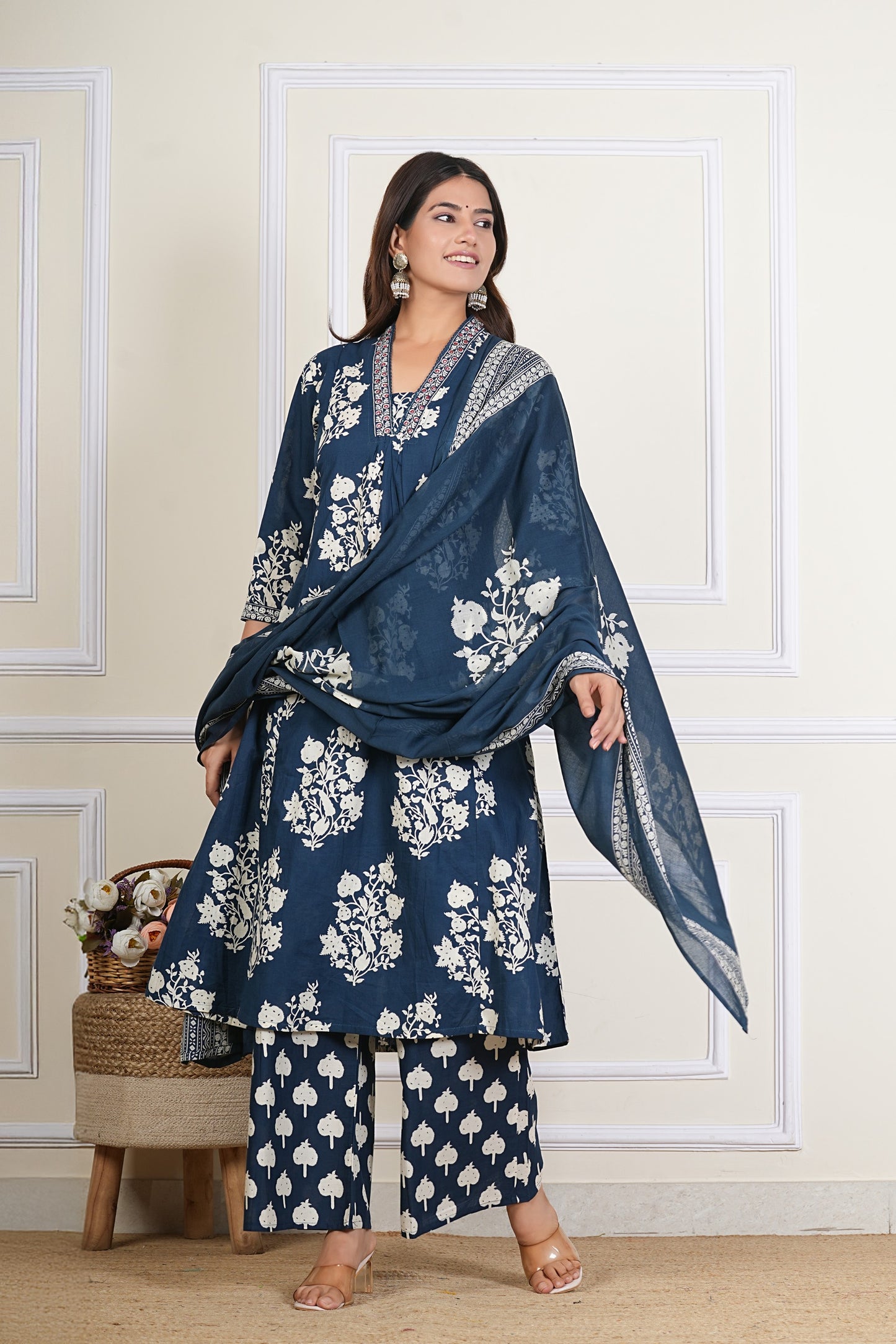 Navy Blue Floral Printed Cotton Kurta Set with Dupatta