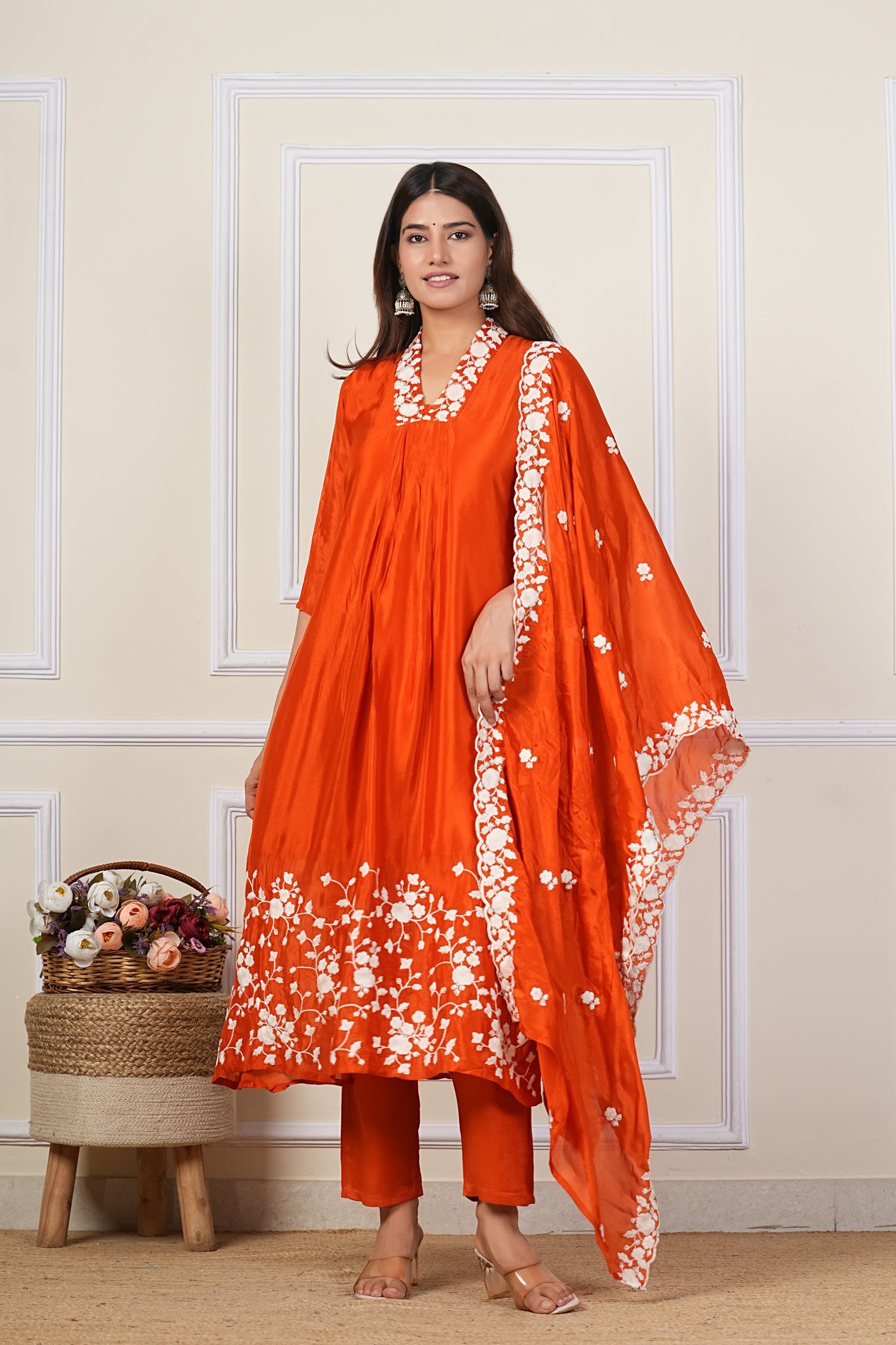 Red Floral Embroidered Silk Kurta Pant Set for Women