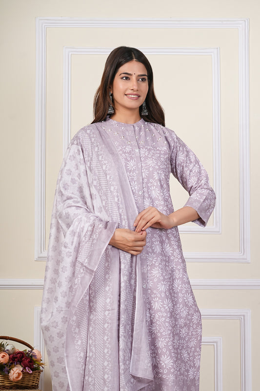 Lavender Floral Printed Cotton Kurta Set with Chiffon Dupatta