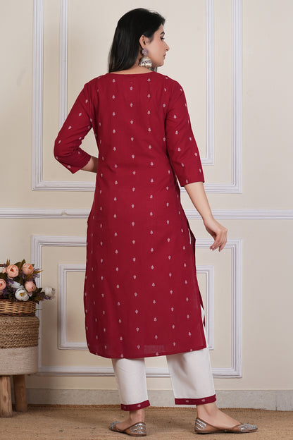 Maroon Cotton Kurta Set with Printed Dupatta & White Pants