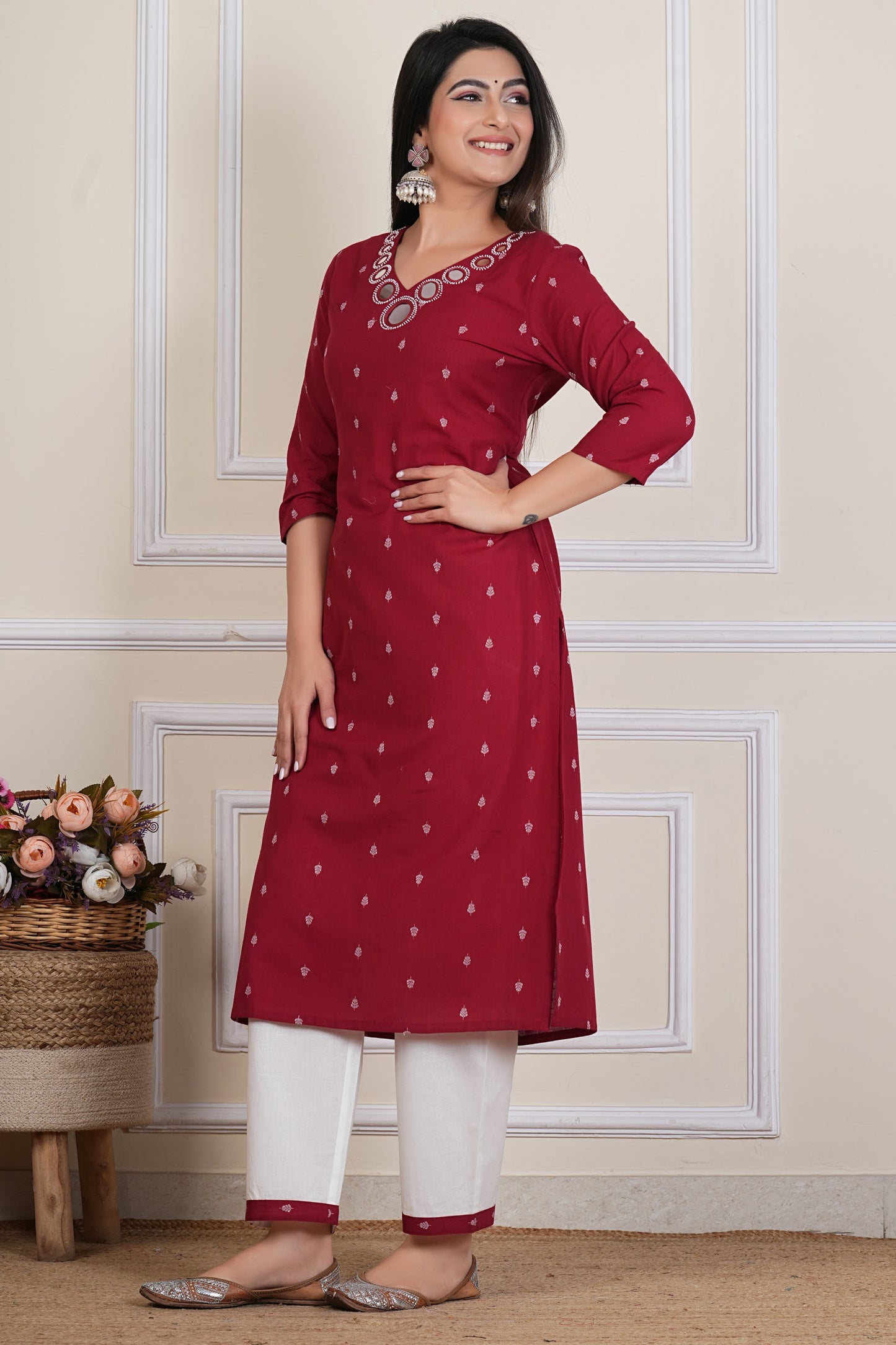 Maroon Cotton Kurta Set with Printed Dupatta & White Pants