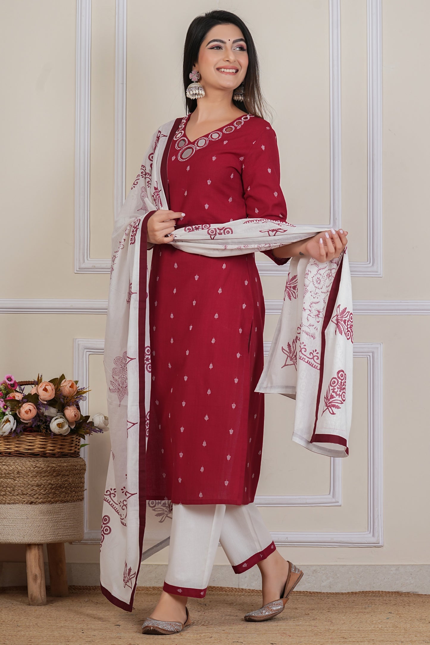 Maroon Cotton Kurta Set with Printed Dupatta & White Pants