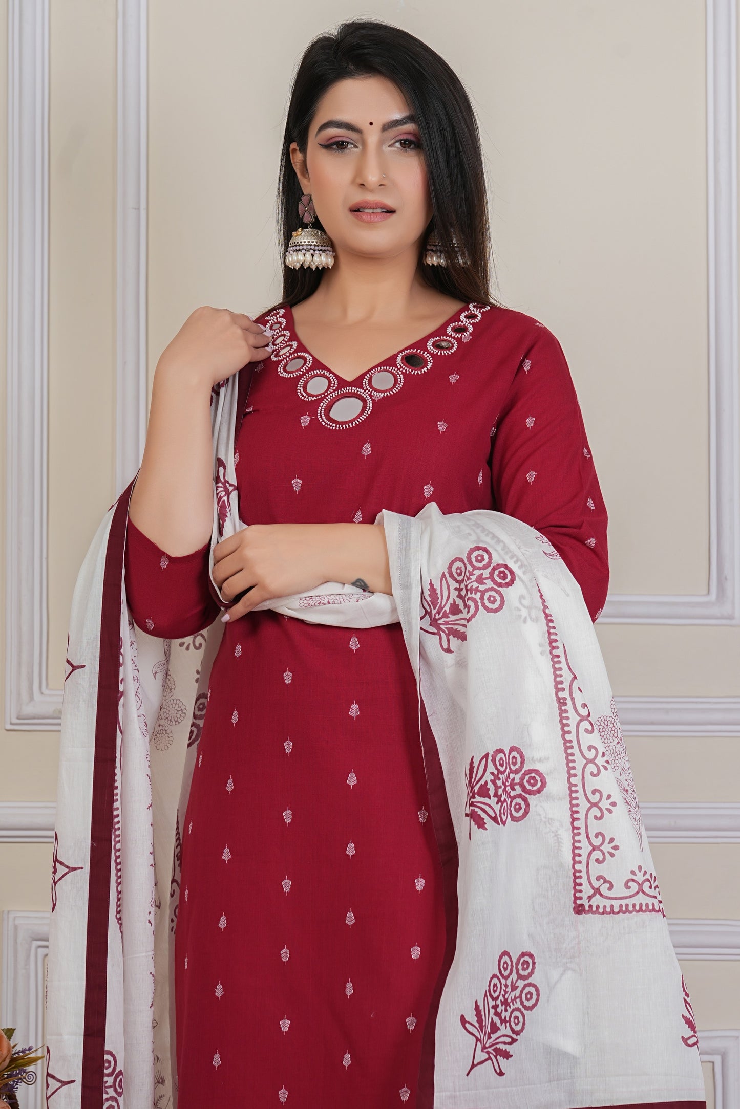 Maroon Cotton Kurta Set with Printed Dupatta & White Pants