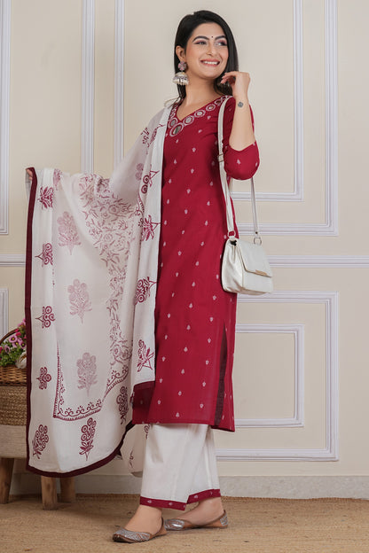 Maroon Cotton Kurta Set with Printed Dupatta & White Pants