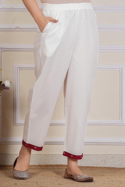 Maroon Cotton Kurta Set with Printed Dupatta & White Pants