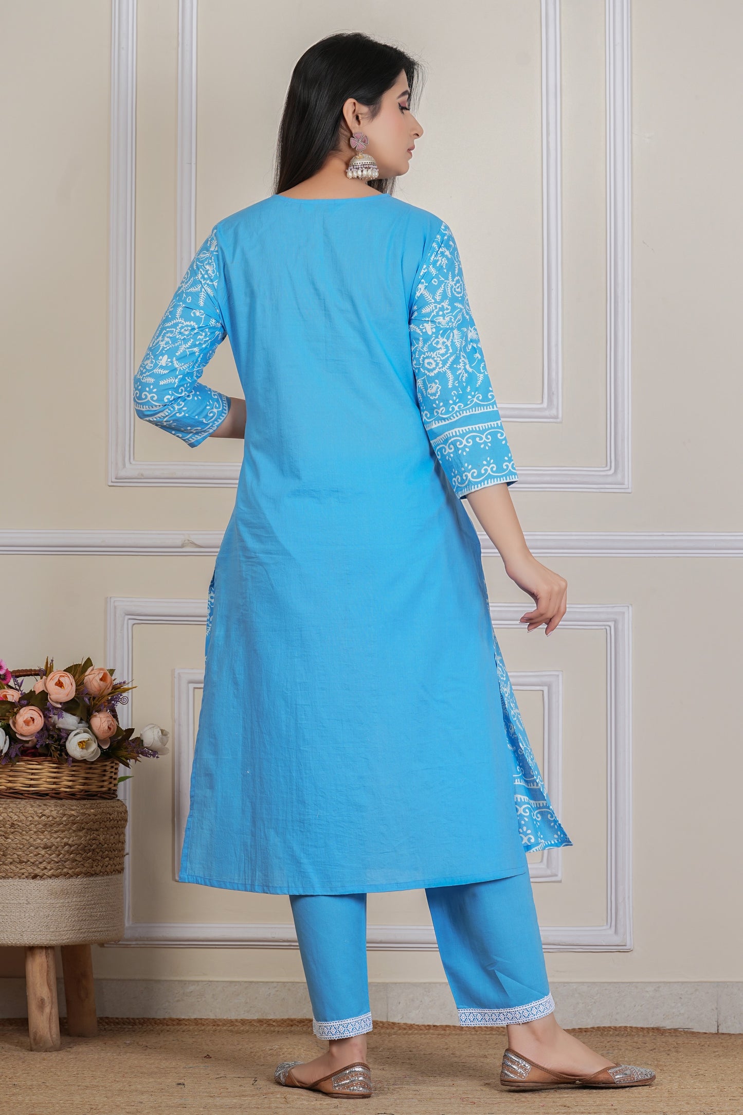 Sky Blue Hand block Printed Kurta Set with Cotton Dupatta