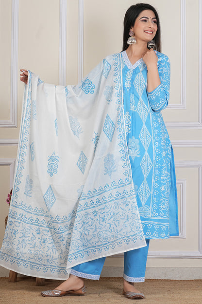 Sky Blue Hand block Printed Kurta Set with Cotton Dupatta