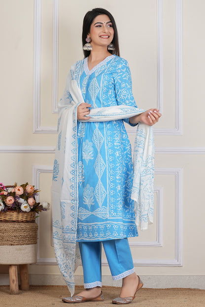 Sky Blue Hand block Printed Kurta Set with Cotton Dupatta