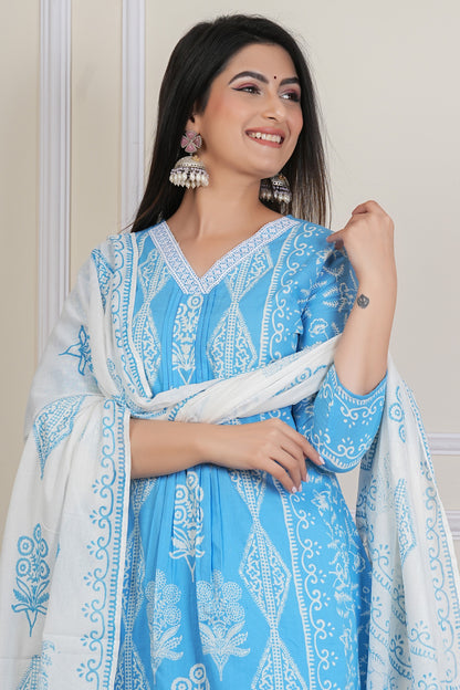 Sky Blue Hand block Printed Kurta Set with Cotton Dupatta