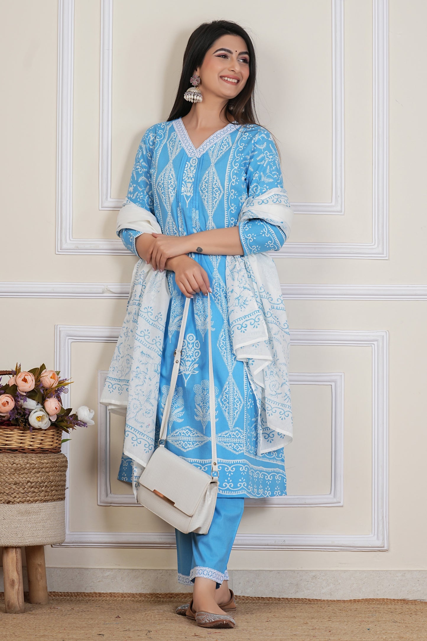 Sky Blue Hand block Printed Kurta Set with Cotton Dupatta