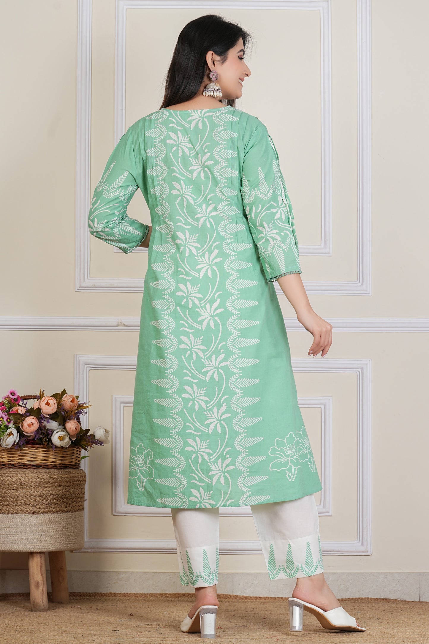 Mint Green Hand block Printed Kurta Set with Cotton Dupatta