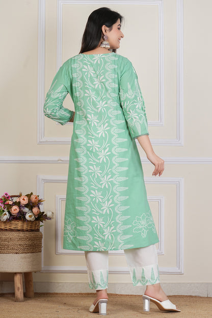 Mint Green Hand block Printed Kurta Set with Cotton Dupatta