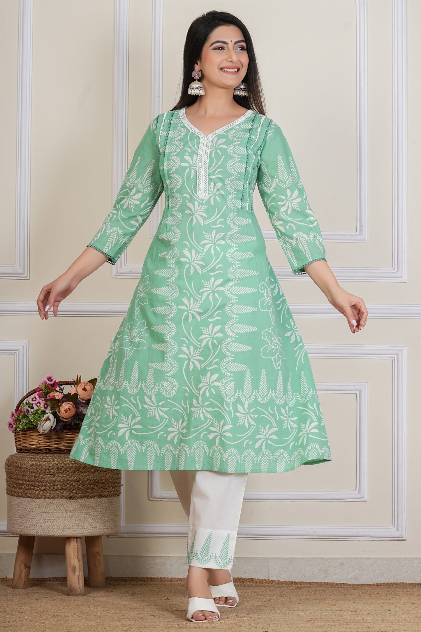 Mint Green Hand block Printed Kurta Set with Cotton Dupatta