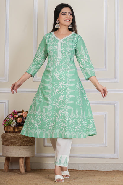 Mint Green Hand block Printed Kurta Set with Cotton Dupatta