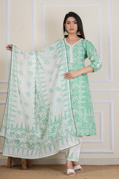 Mint Green Hand block Printed Kurta Set with Cotton Dupatta