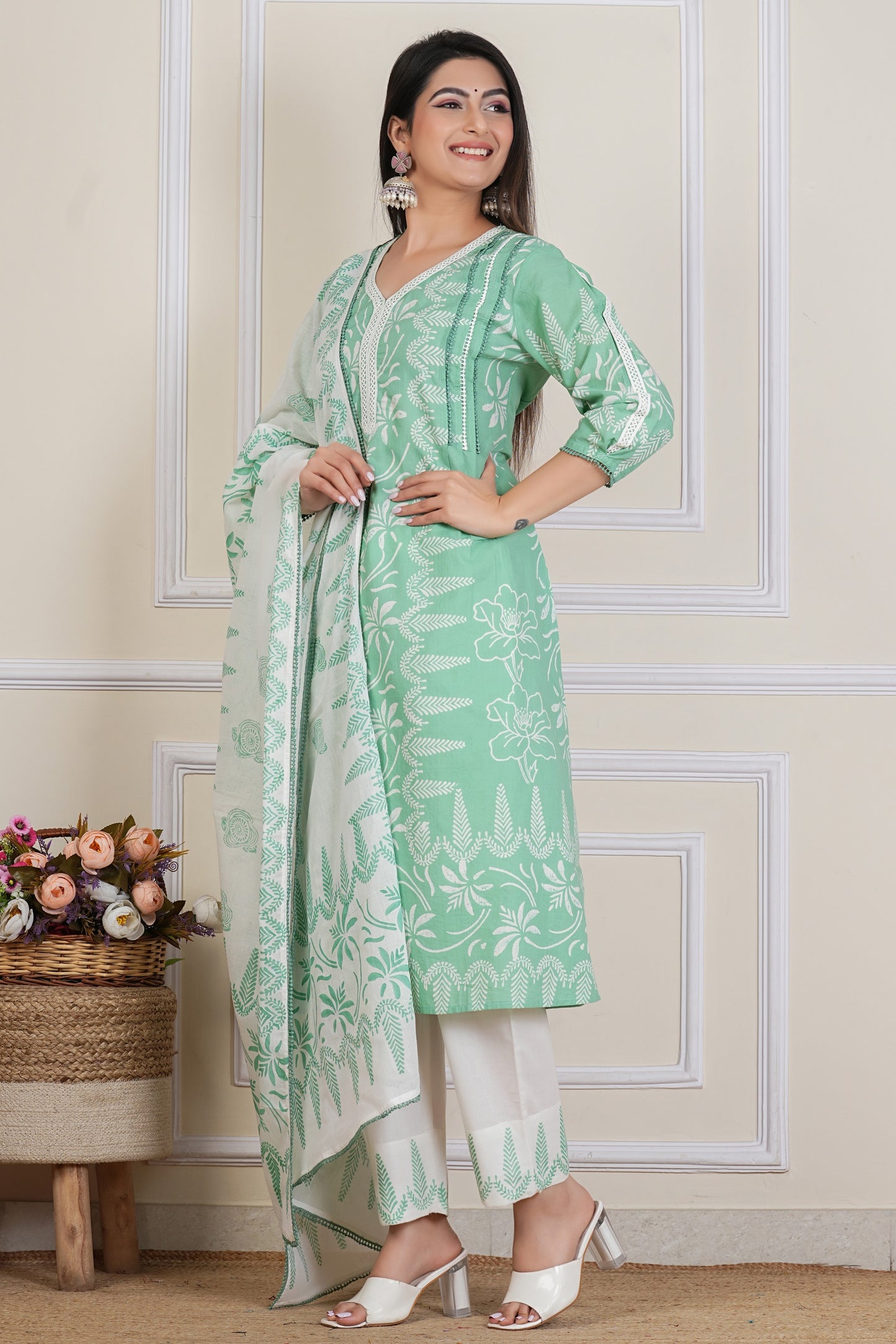Mint Green Hand block Printed Kurta Set with Cotton Dupatta