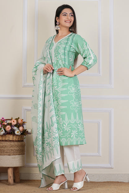 Mint Green Hand block Printed Kurta Set with Cotton Dupatta