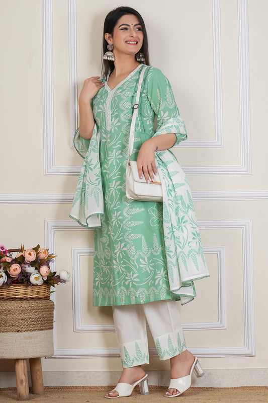 Mint Green Hand block Printed Kurta Set with Cotton Dupatta